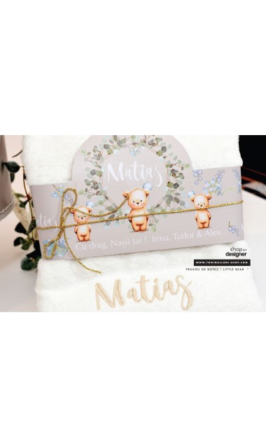Trusou de botez personalizat prin brodare, cu ursuleti si frunze de eucalipt, Little Bear 6